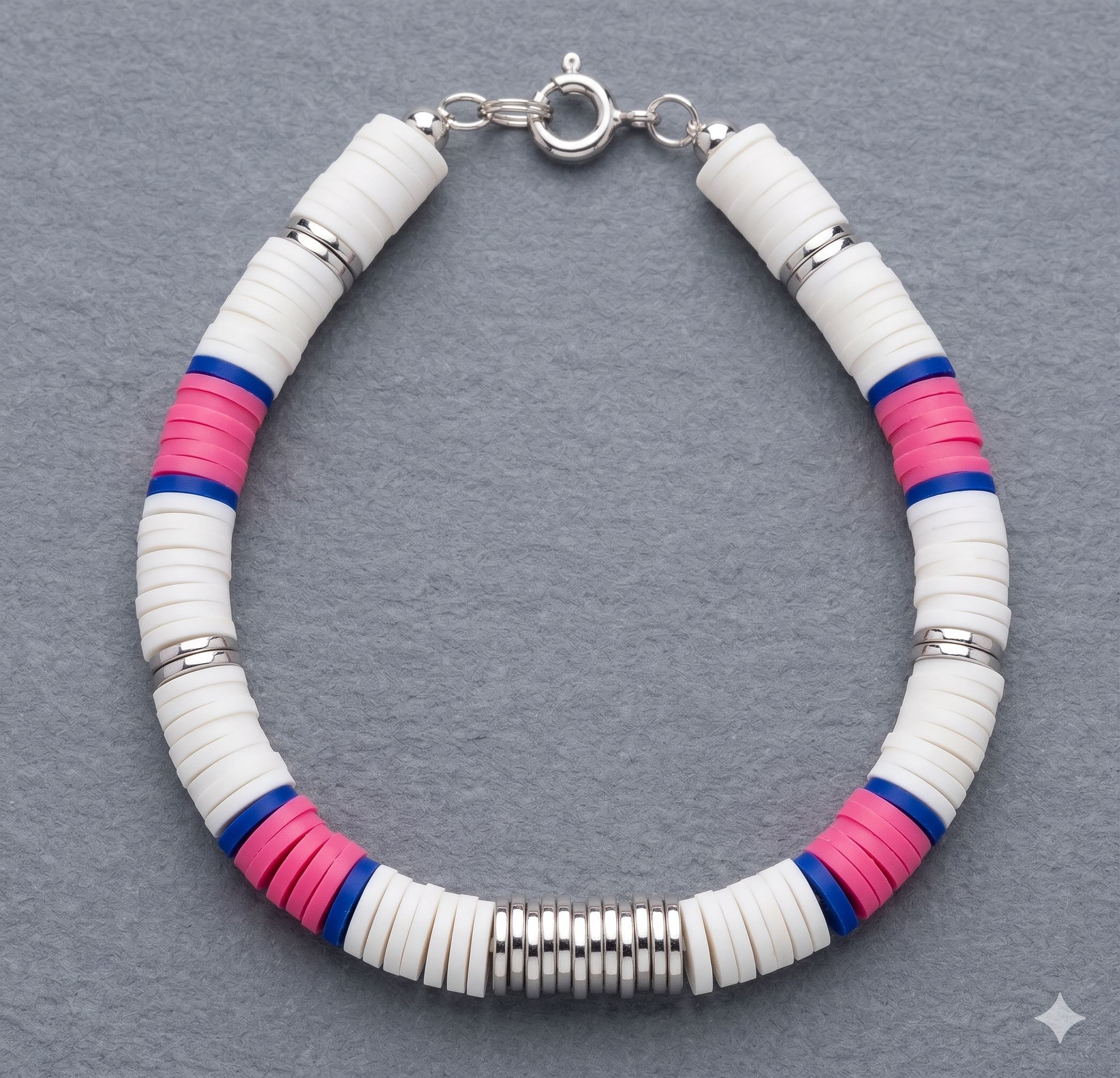 the preppy trendsetter bracelet | color‑block heishi | hot pink + navy + silver hematite
