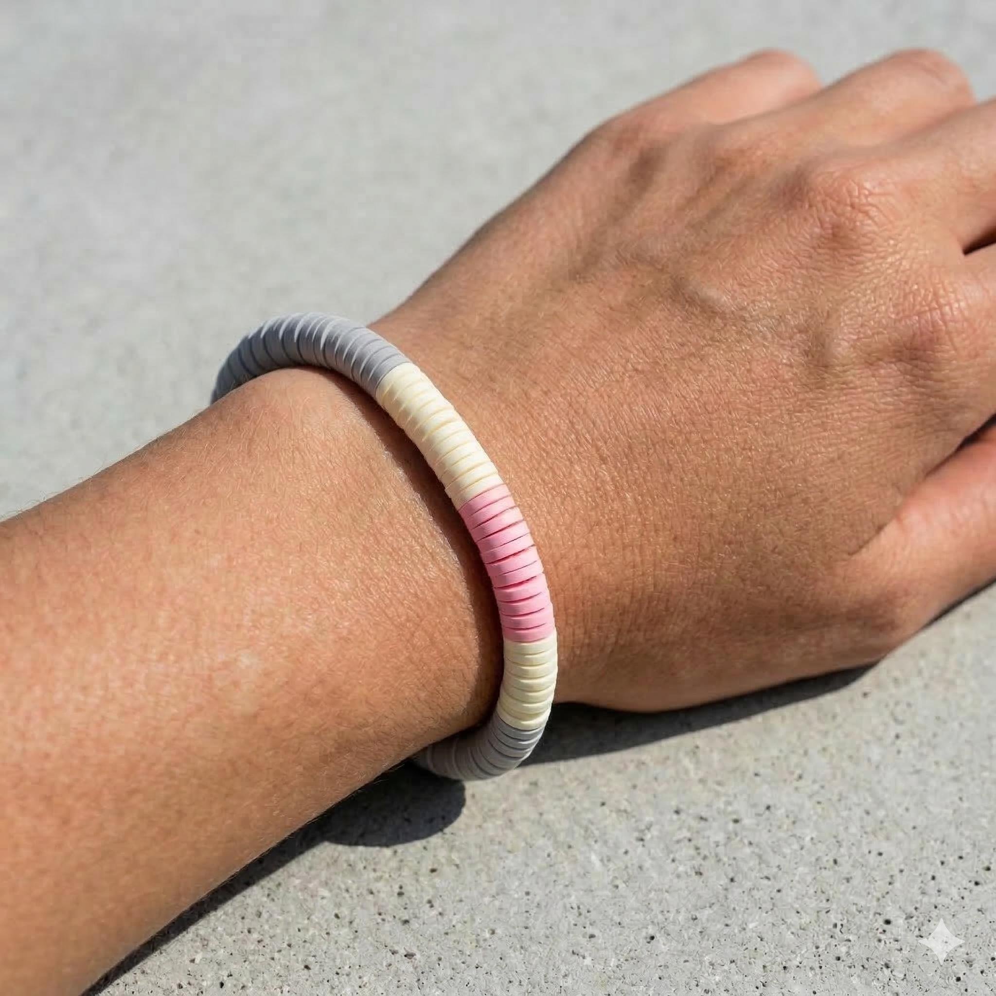 the modern curator bracelet | hot pink, cream + gray heishi | stainless steel clasp