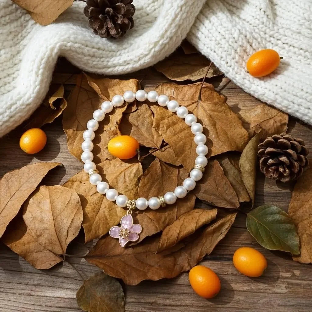 close-up of the classic bloom bracelet highlighting the delicate floral focal and the smooth, reflective surface of the pearls.