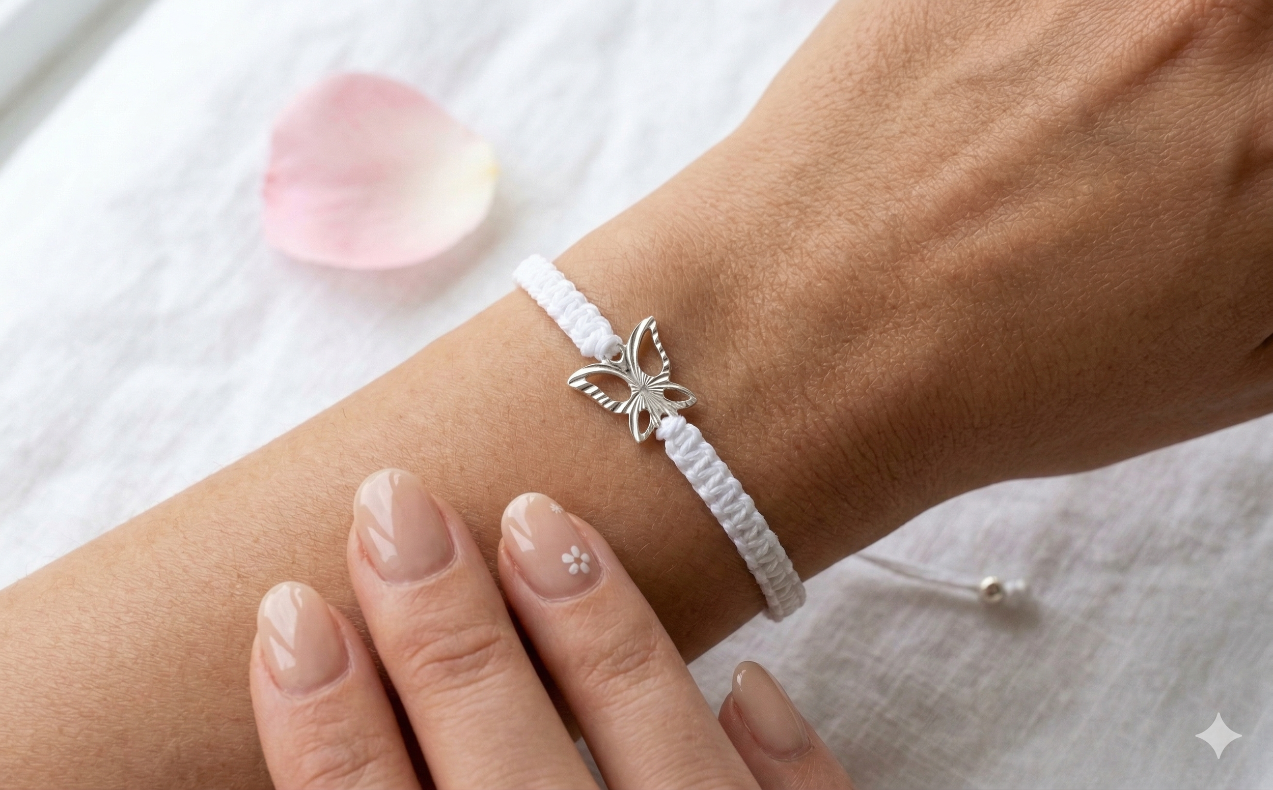 the silver‑wing bracelet | white macramé + 925 sterling silver butterfly | adjustable knot