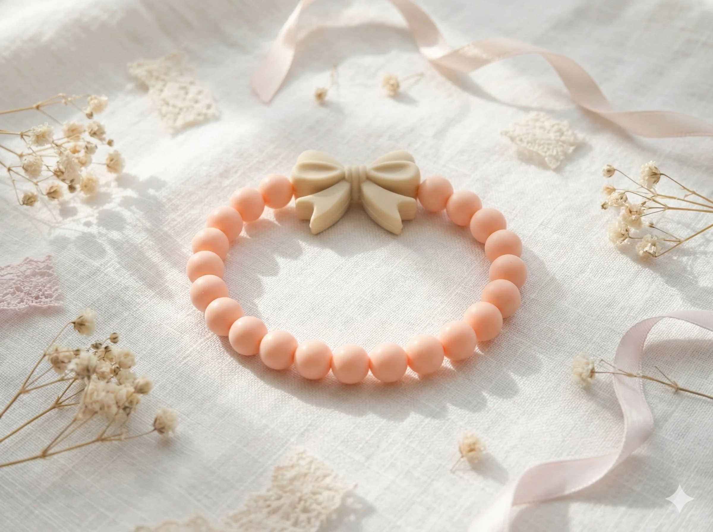 the soft bow bracelet | silicone bow focal + pale pink matte beads