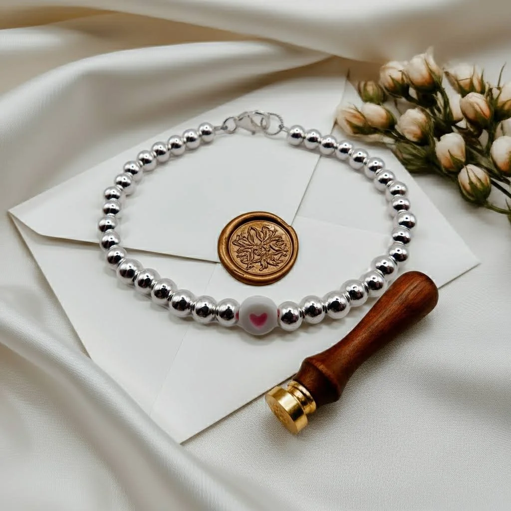 woman wearing the dainty sterling silver pink heart bracelet, showing its minimalist style and suitability for stacking.