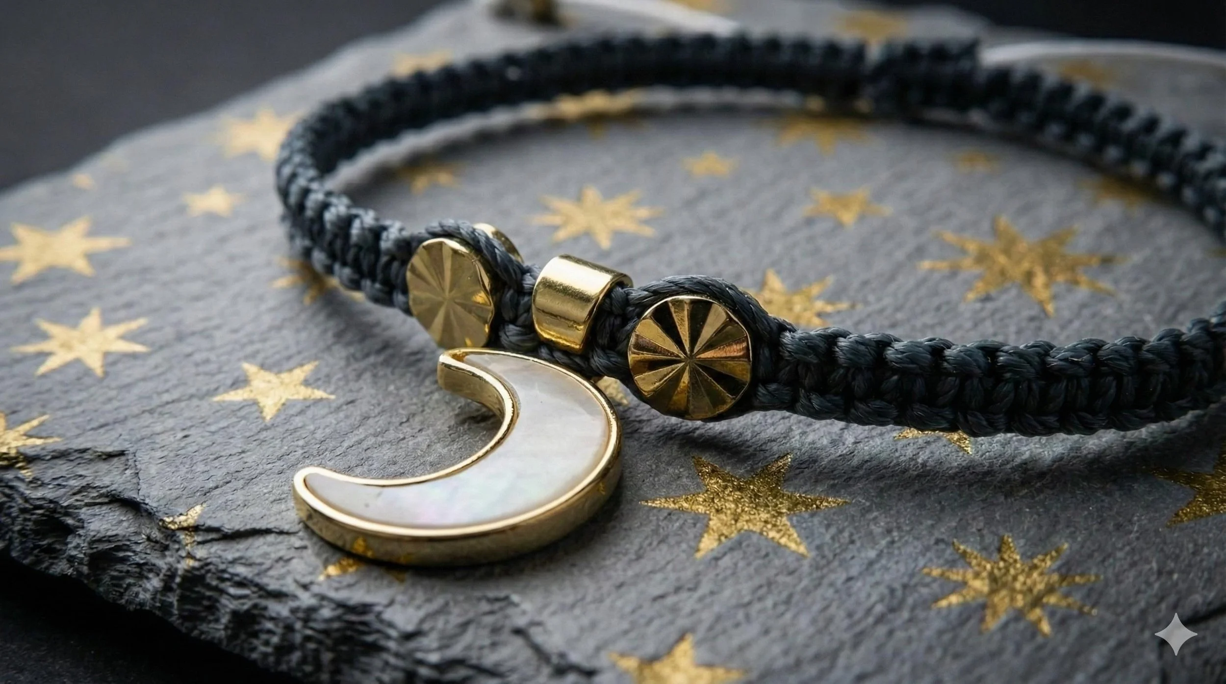 High-end charcoal macramé jewelry with 18k gold plated celestial charms for a sophisticated and mystical aesthetic.