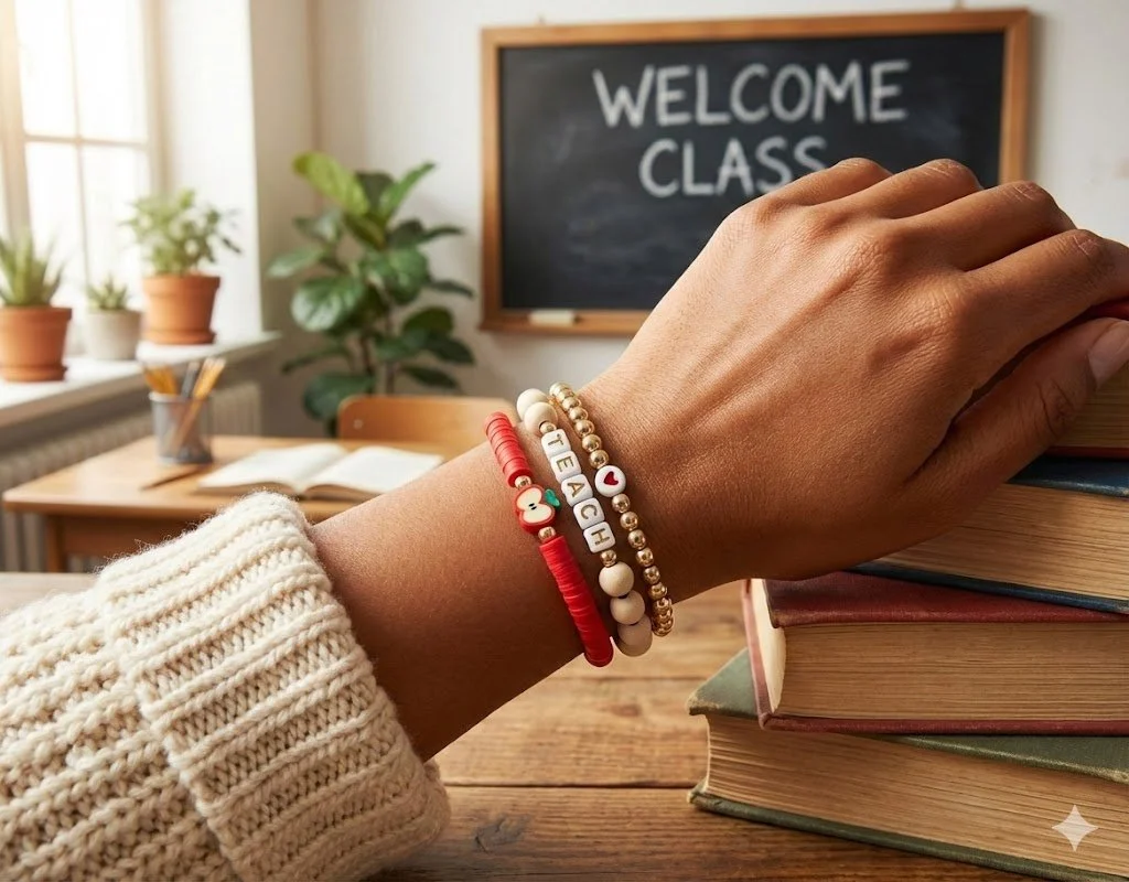 woman wearing the 18k solid gold teacher bracelet set with magnetic clasps in a classroom setting. a perfect luxury teacher appreciation gift.