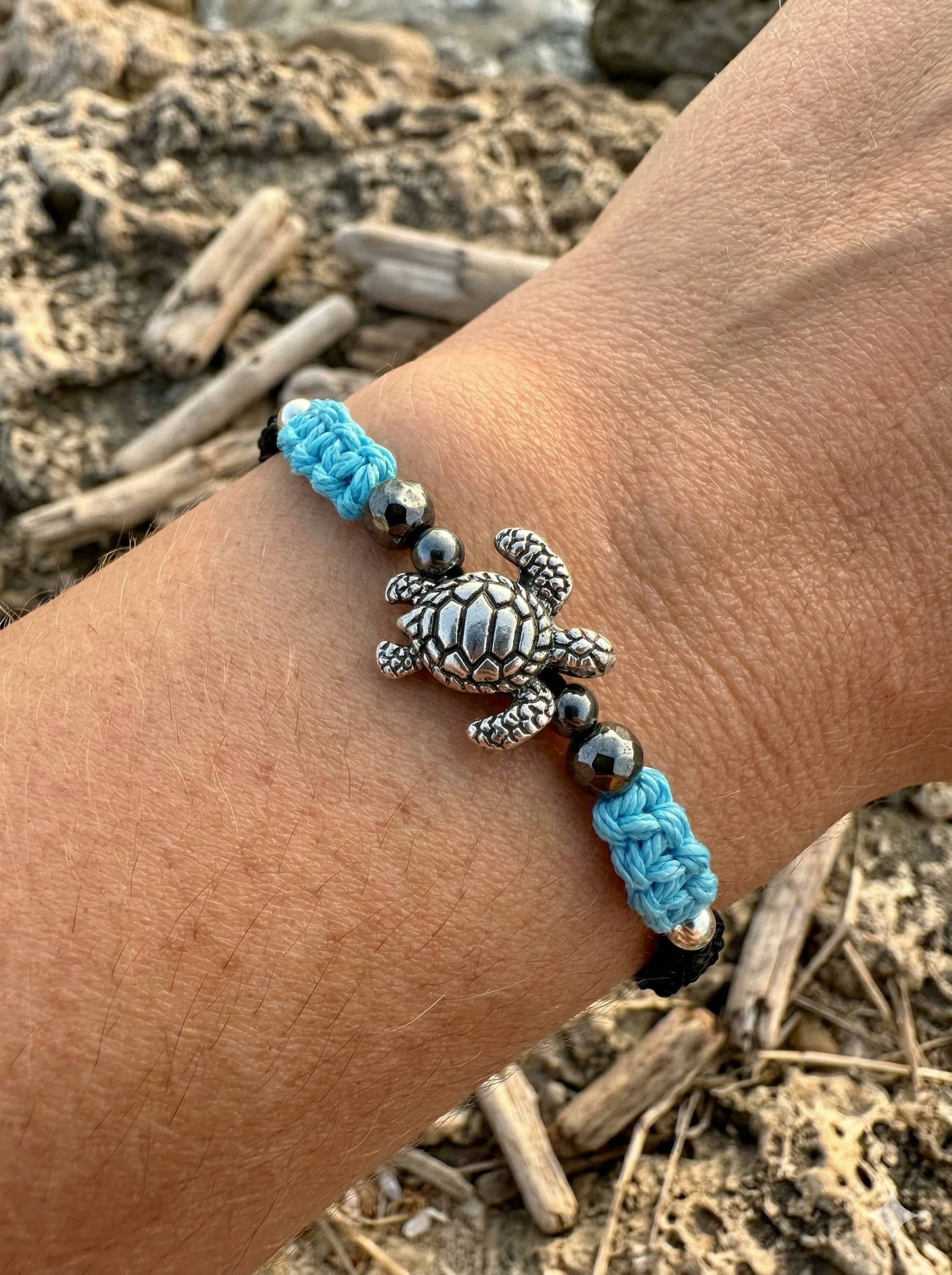 the ocean soul bracelet | sterling silver sea turtle + blue + black macramé | waterproof + adjustable