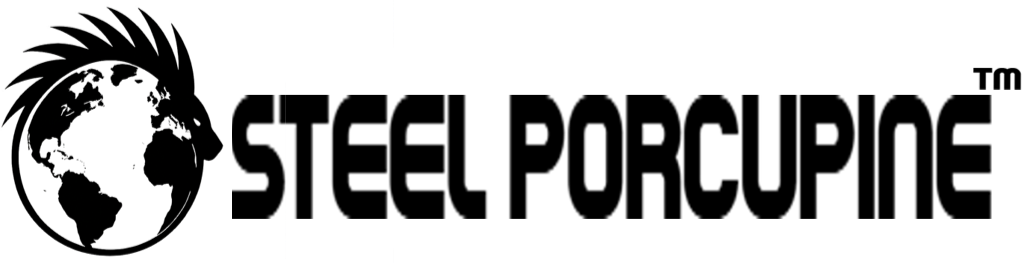 Black and white image of a globe with profile of a porcupine and company name.