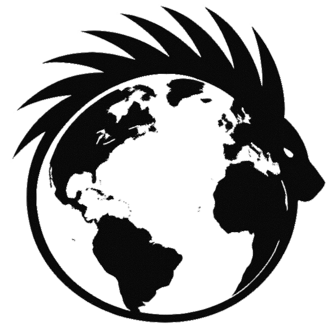 A stylized black and white illustration of the Earth with a profile of a porcupine in the outer arcs surrounding it.