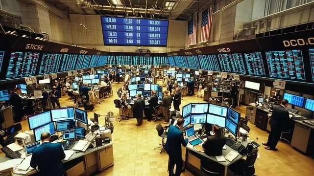 Stock exchange trading floor with traders working at multiple computer stations and large digital screens displaying stock data.