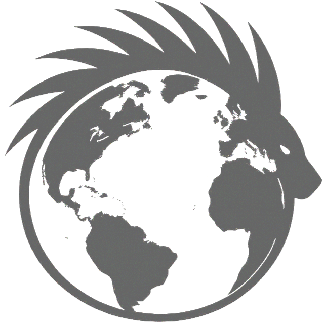 A grayscale illustration of a globe with a porcupine face profile design around it.