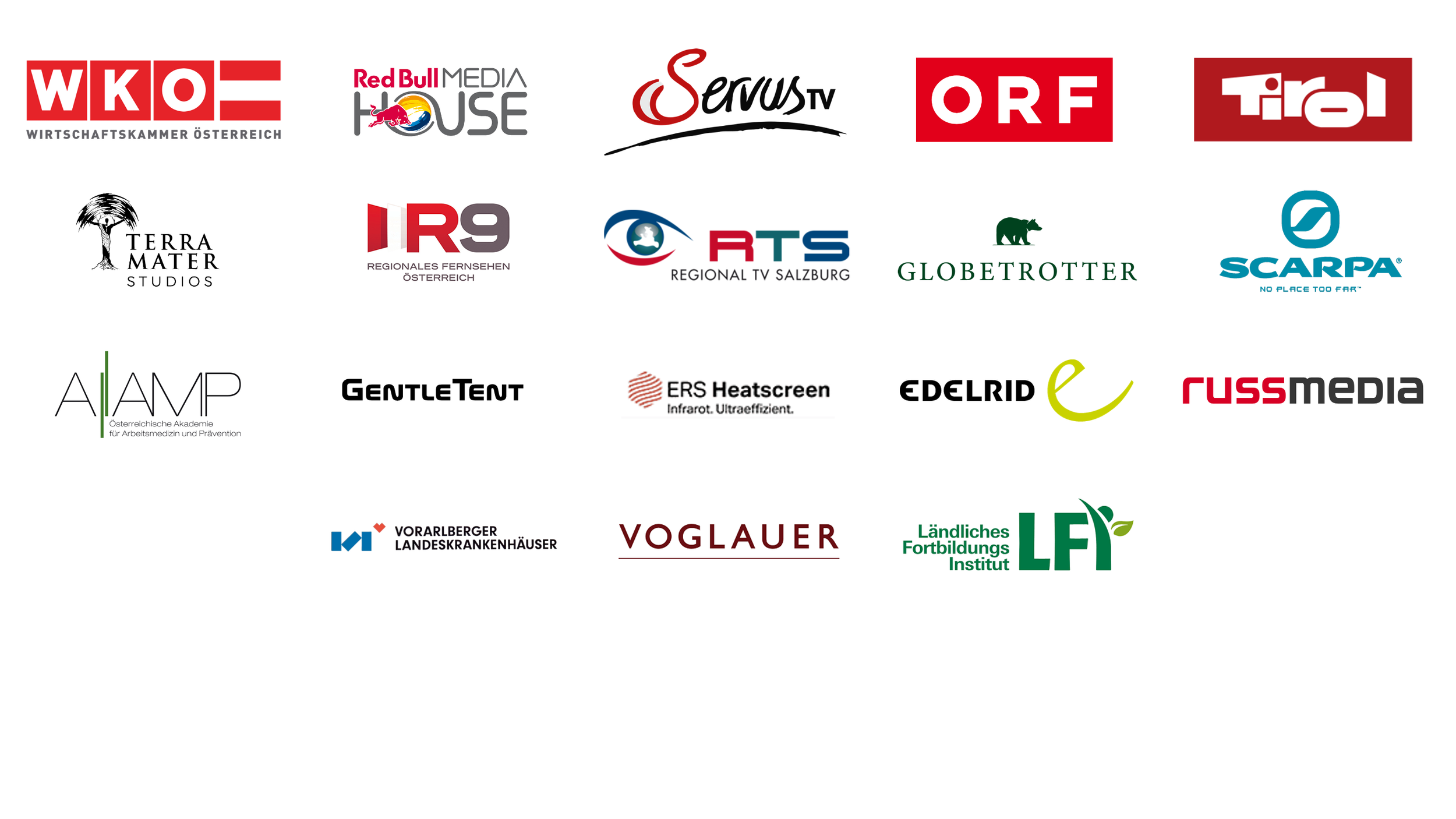 Sammlung von verschiedenen Logos österreichischer Organisationen und Medien, darunter WKO, Red Bull Media House, Servus TV, ORF, Tirol, Terra Mater Studios, IR9, RTS, Globetrottter, Scarpa, AIAmp, GentleTent, ERS Heat Screen, Edelrid, russmedia, Vorarlberger Landeskrankenhäuser, Voglauer, Ländliches Fortbildungs Institut.