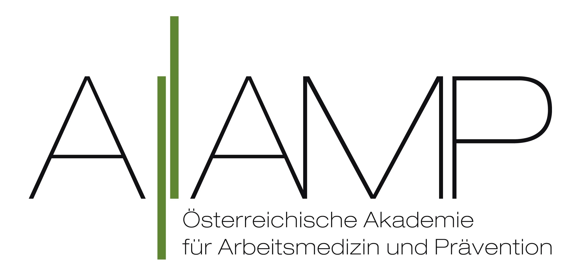 Logo der Österreichischen Akademie für Arbeitsmedizin und Prävention mit schwarzem Schriftzug und grüner vertikaler Linie