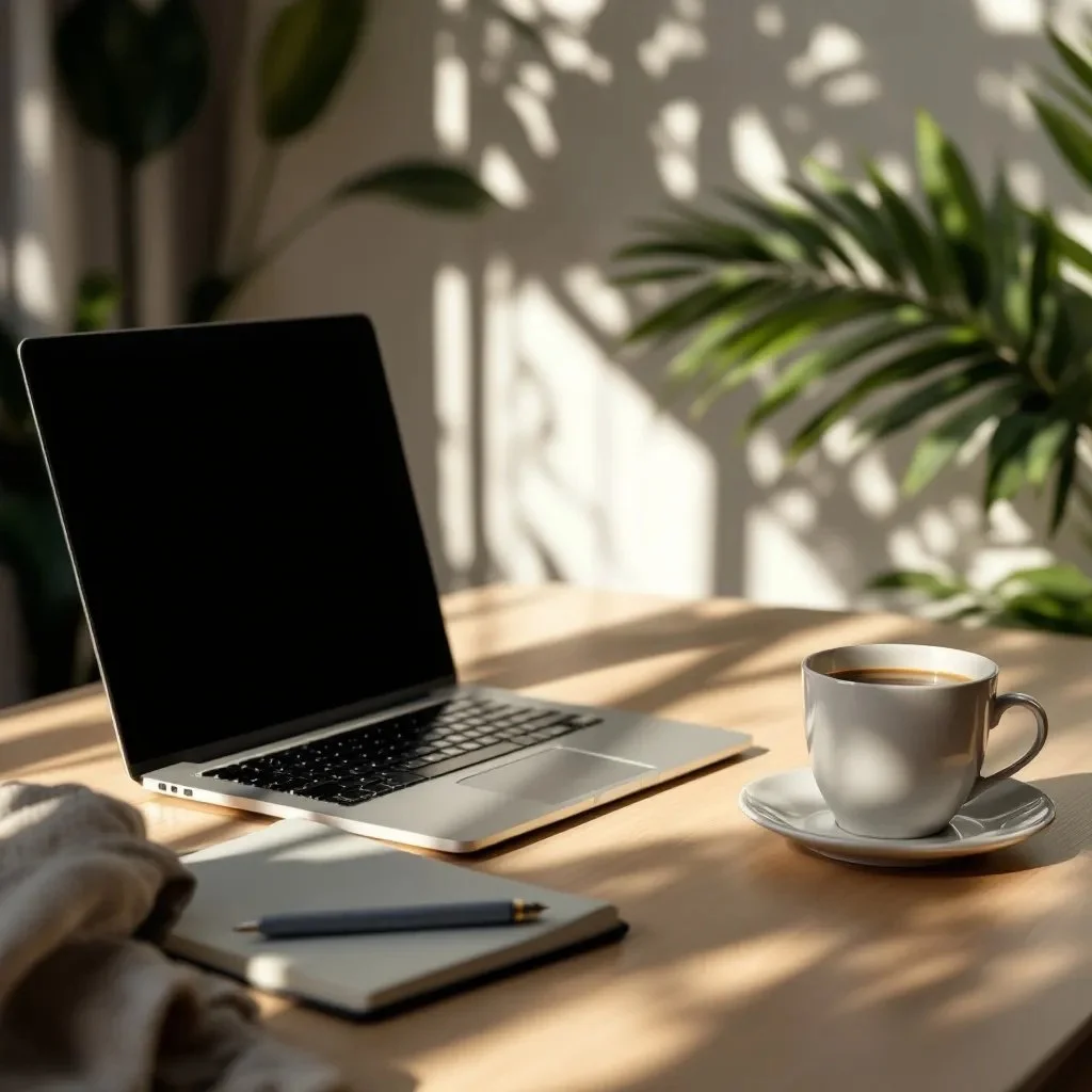 A laptop, a notebook with a pen on top, and a cup of coffee on a table in a bright room with sunlight and green plants.