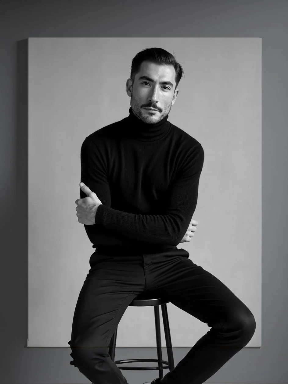 A black-and-white portrait of a man sitting on a stool with arms crossed, wearing a black turtleneck and black pants, looking directly at the camera.