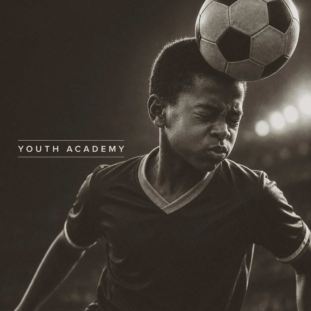 A young soccer player in a black uniform with a soccer ball balanced on their forehead, eyes closed, appearing to be focused or in motion, with the words 'YOUTH ACADEMY' in white on the left side. He on the webseit of MMBF Coaching by Mac Kandji