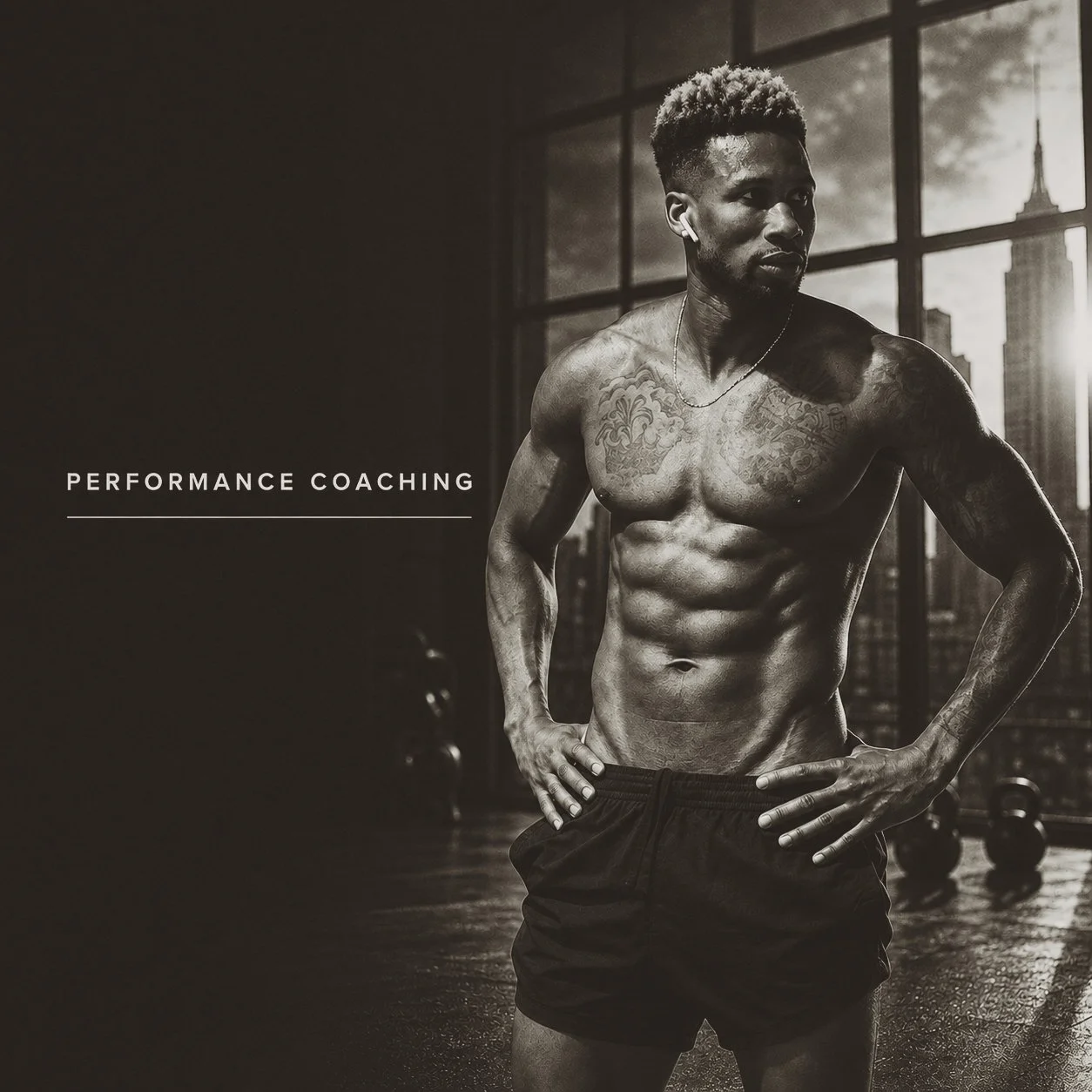 A muscular man with tattoos and wireless earbuds standing in a gym with large windows and cityscape view, promoting performance coaching.