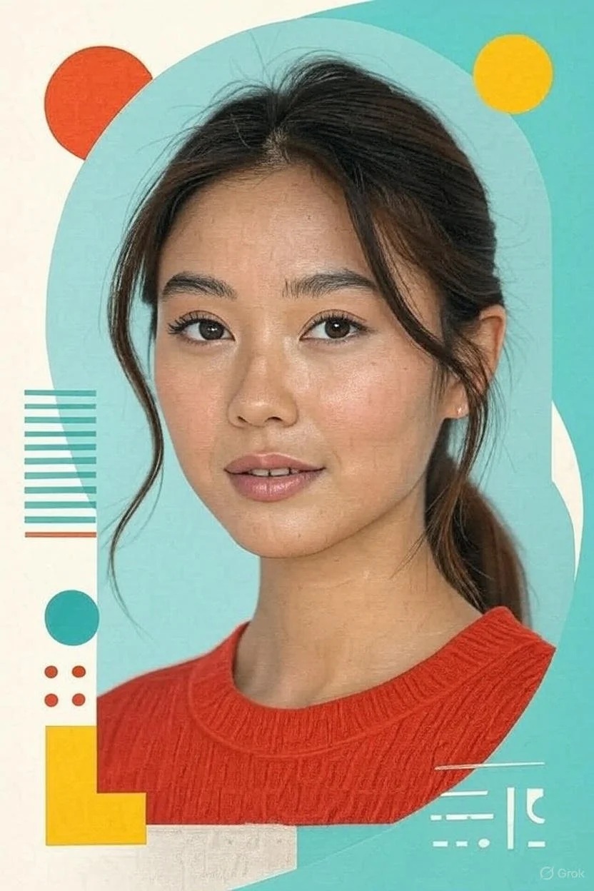 Portrait of a young woman with long dark hair, wearing a red sweater, against a colorful abstract background.