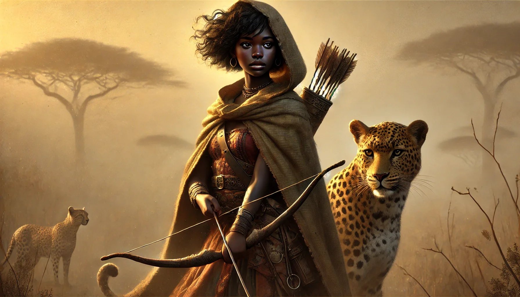 DALL·E 2025-03-10 18.31.19 - A concept art of a humble African princess with shoulder-length hair. Stripped of her royalty, she now wears a rugged cloak to conceal her identity. S.webp