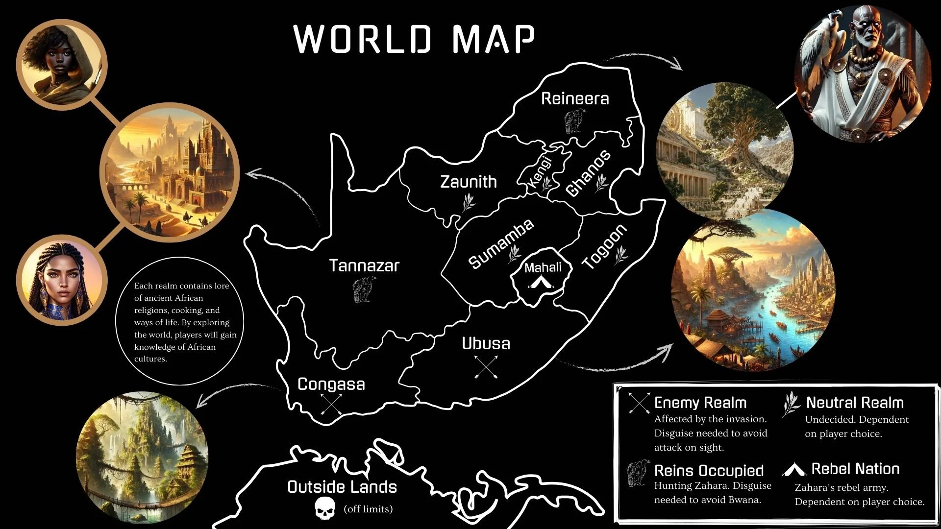 A map of Africa divided into regions with icons and images representing different African cultures, history, and lore. Each region shows visual elements of ancient civilizations and fictional lore, with character portraits and landscape images illustrating the game's setting.