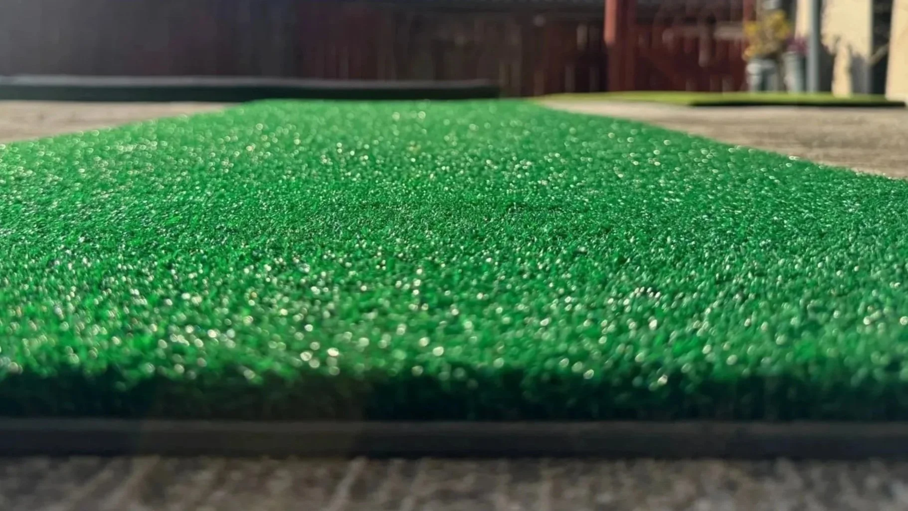 Close-up of a green textured surface, possibly a piece of artificial turf, with a blurred background including trees and buildings.