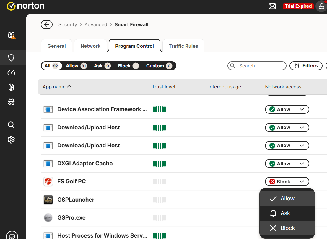 Norton antivirus settings showing FSGolf permissions can be changed on Program Manager to Allow
