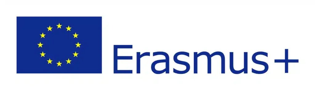 European Union flag with yellow stars in circle on blue background, and the text 'Erasmus+' in blue.
