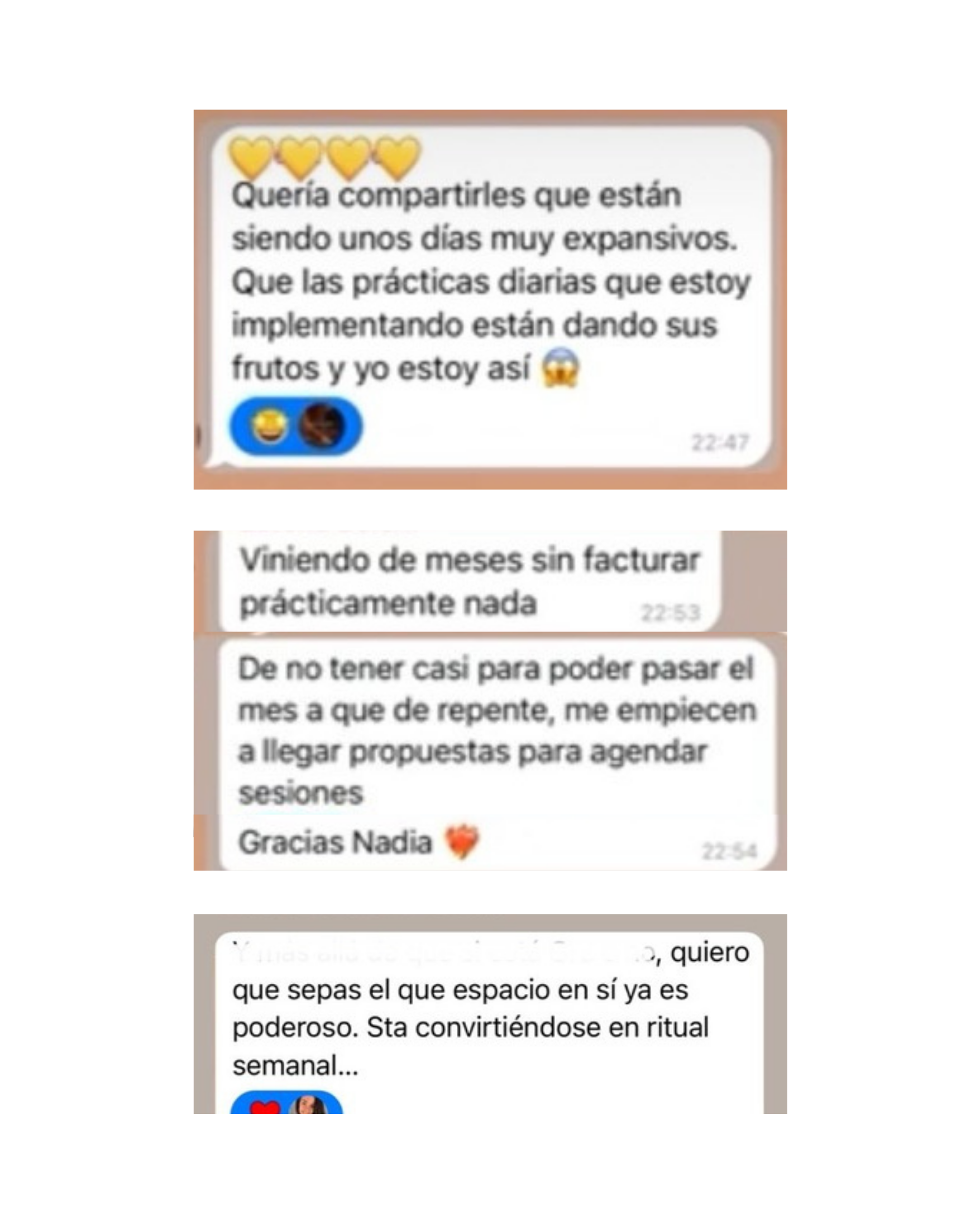 Capturas de pantalla de mensajes de chat en los que varias personas expresan agradecimiento y comparten experiencias relacionadas con prácticas y sesiones, mostrando emojis de corazones, risas y agradecimientos.