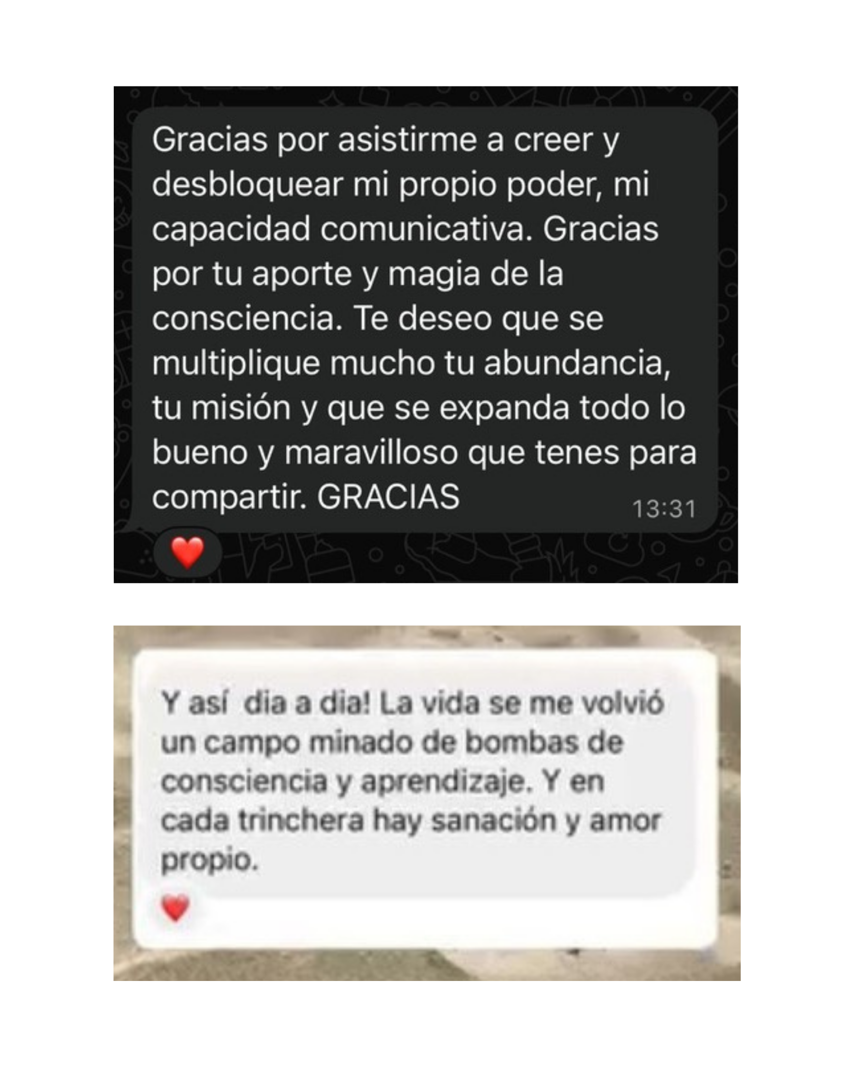 Capturas de pantalla de mensajes en español con frases de gratitud, motivación y reflexión, acompañadas de emojis de corazones.