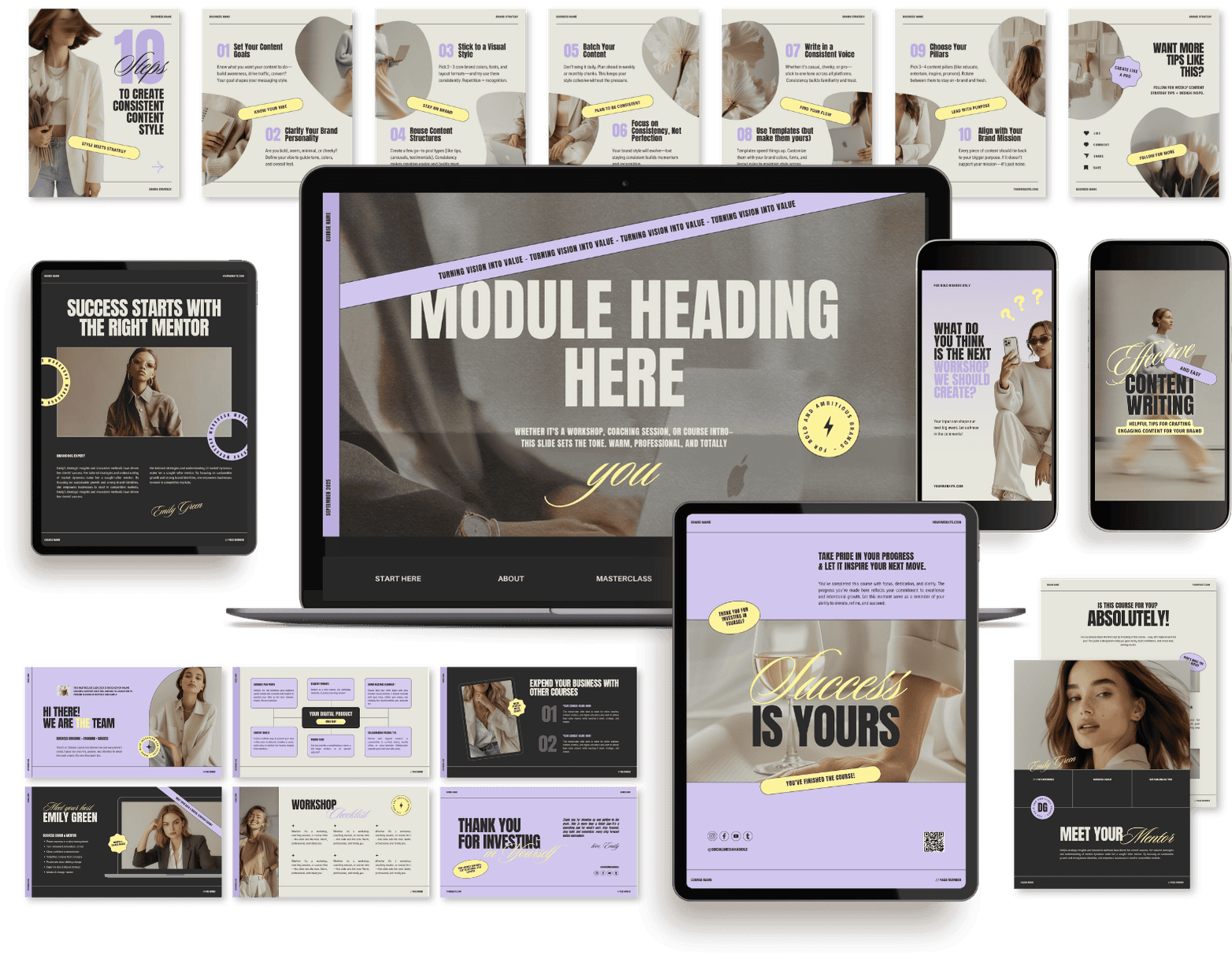 A collection of digital presentation slides and templates related to content creation, branding, coaching, and workshops, featuring images of women, module headings, and motivational messages, with a color scheme of lavender, black, white, and yellow