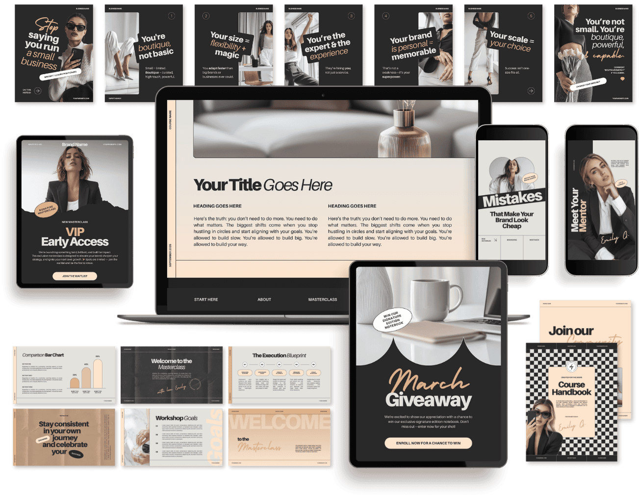 Collection of digital marketing and business presentation templates displayed on various devices, including laptops and smartphones. The templates feature a modern, minimalist design with a black, white, and beige color scheme, showcasing promotional