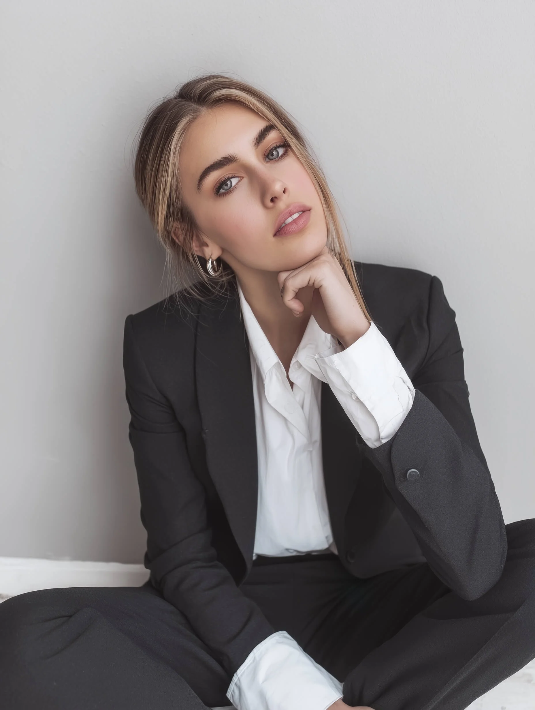 A woman in a black suit and white shirt sitting on the floor, resting her chin on her hand against a plain wall.