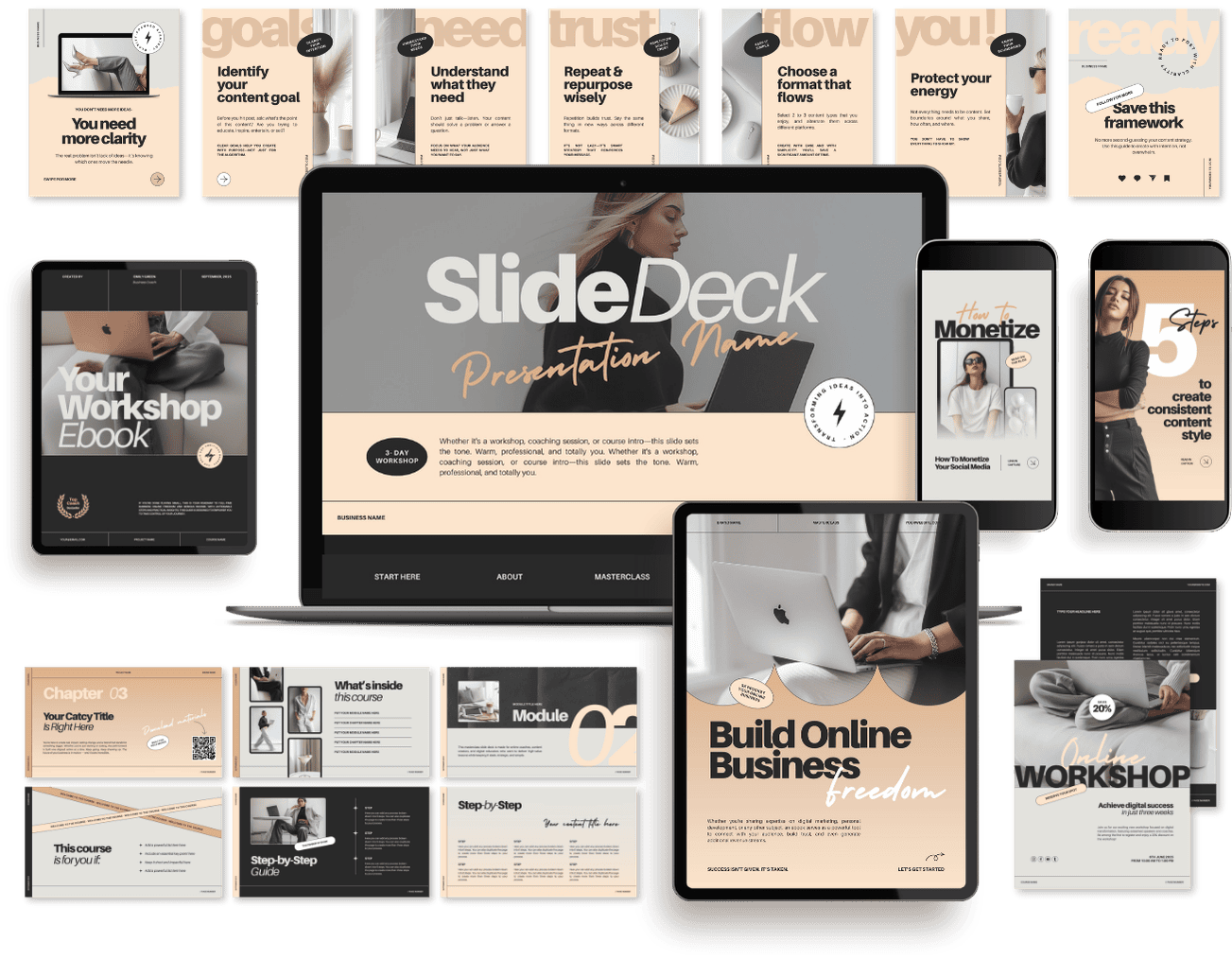 A digital presentation template with various slides displayed on a laptop, tablet, and smartphone screens. The slides include titles like 'You need more clarity,' 'Identify your content goal,' 'Build Online Business freedom,' and 'Your Workshop Ebook
