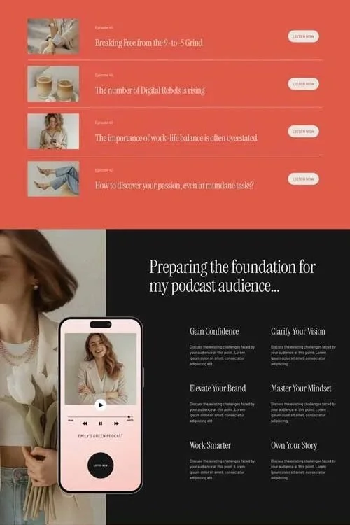 A promotional graphic for a podcast, featuring a woman smiling, a smartphone displaying the podcast, and a list of podcast episode topics on a coral-red background, including topics like breaking free from 9-to-5 grind and digital detoxing.