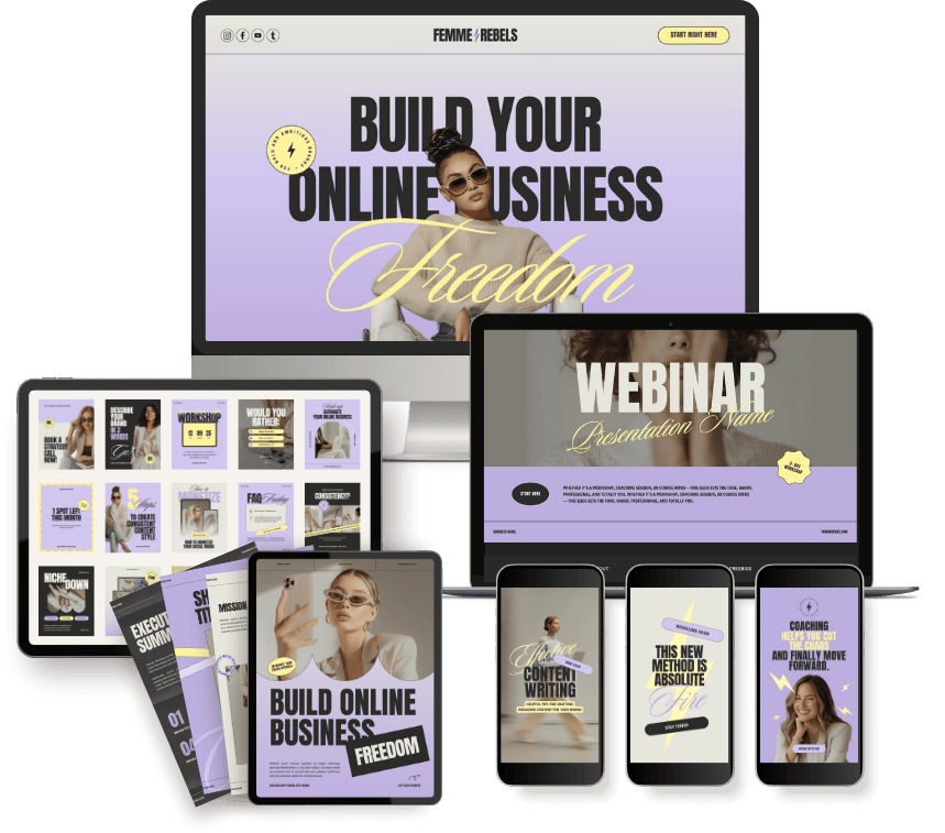 A collection of digital devices displaying online business, webinar, and coaching program graphics, with a purple and yellow color scheme. The screens include text about building an online business, webinars, content writing, and coaching for success.