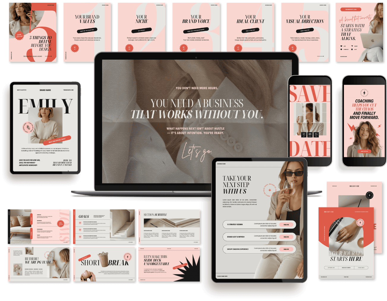 A collection of digital devices displaying business and coaching presentations with a consistent pink, beige, and white theme, including laptops, tablets, and smartphones showing slides about branding, strategy, and business growth.