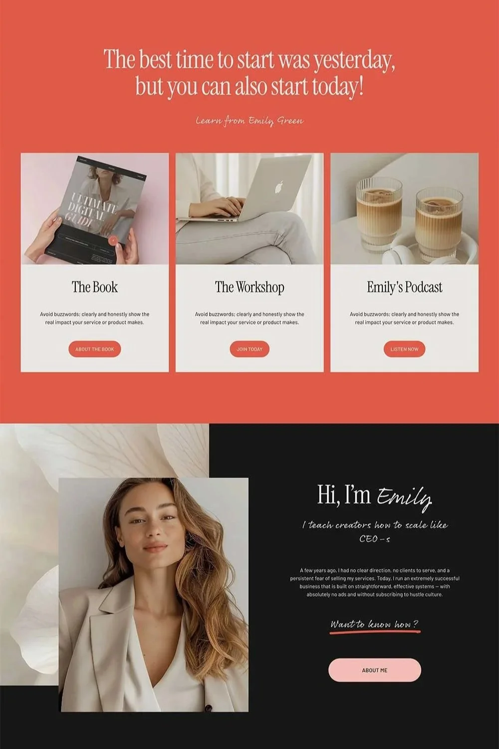 A personal and promotional webpage featuring a woman named Emily, offering books, workshops, and podcasts. The top section has an inspirational quote, while the bottom section introduces Emily with a photo and a brief bio.