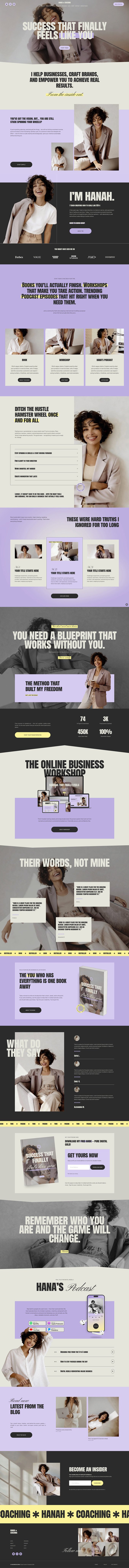 A vertically oriented marketing webpage for coaching and business success training. It features a smiling woman with curly hair in various poses, headlines about achieving business results and personal freedom, sections on workshops, online courses, and testimonials. The color scheme includes purple, black, white, and yellow accents.