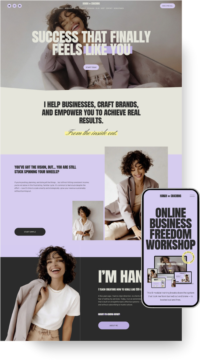 A woman with curly hair in a beige blazer smiling on a laptop screen, promoting an online business freedom workshop with a pink and purple color scheme.