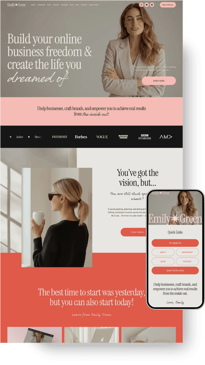 A woman with long, wavy hair in a beige blazer smiling at the camera; a website homepage promoting online business coaching with sections about building business freedom, media mentions, and quick links on a mobile preview.