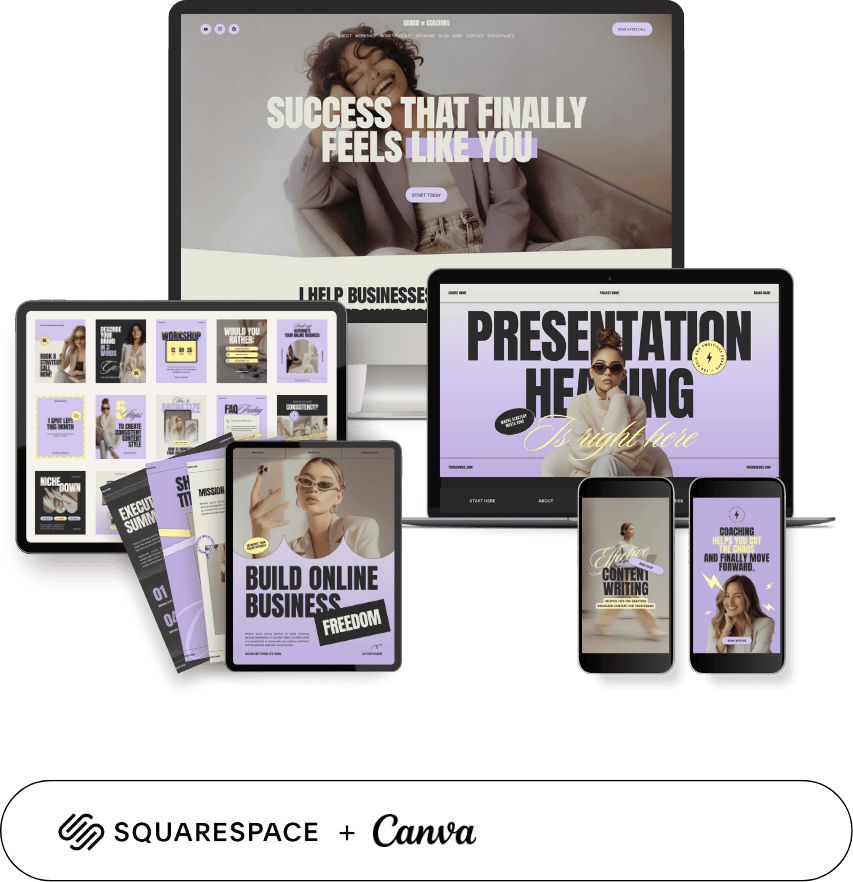 A collection of digital devices including desktops, tablets, and smartphones displaying website layouts for business coaching, online business, presentations, and content writing, with images of women and motivational text on the screens.