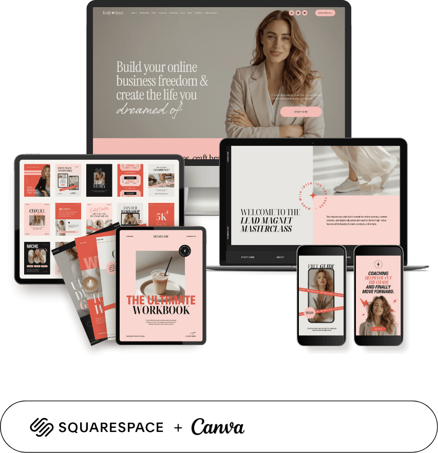 Multiple digital devices displaying various business and coaching website pages, including a woman with long hair smiling and crossing her arms, and a book cover with a coffee cup. The devices include a desktop monitor, laptop, tablet, and smartphones, all showcasing different colorful web designs optimized for business, coaching, and online courses.