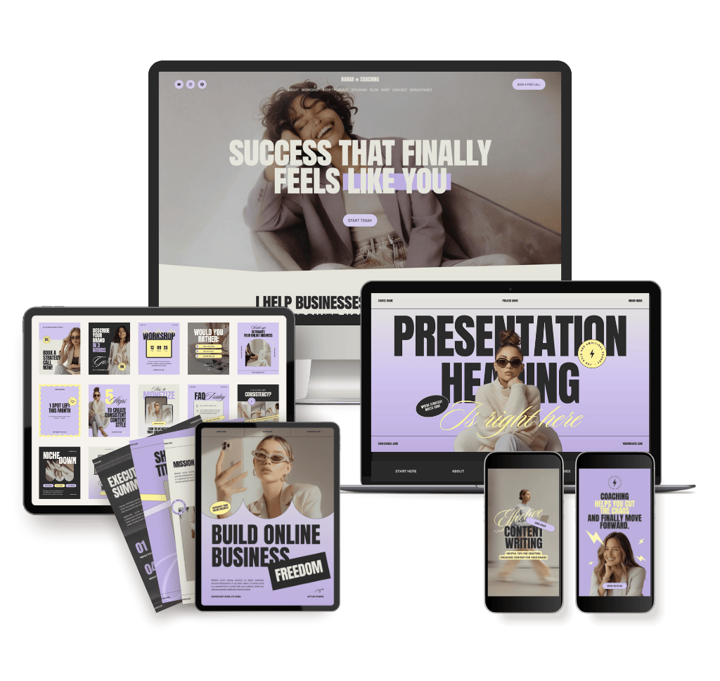 Multiple electronic devices displaying business and coaching website pages, including laptops, tablets, and smartphones, with images of women and promotional text related to success, online business, and coaching.