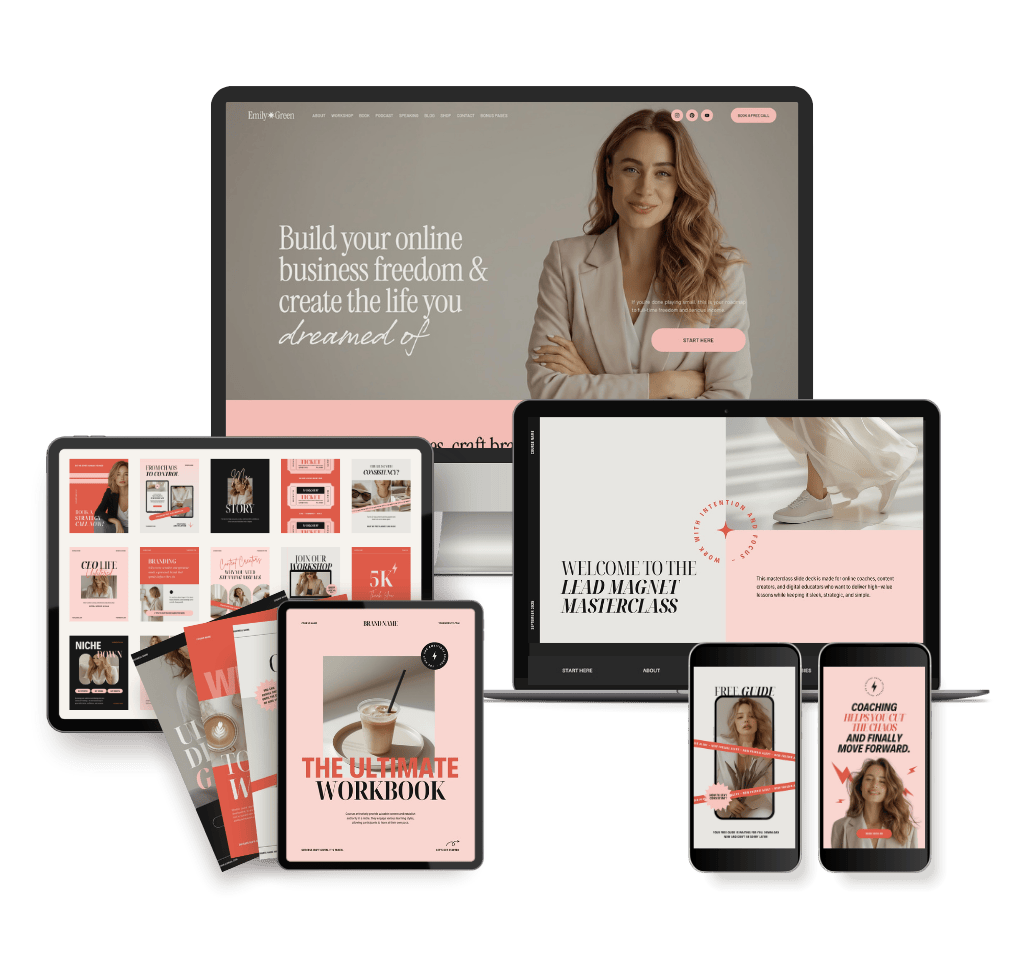 Multiple electronic devices displaying various online business and coaching website pages, including a desktop monitor, tablets, and smartphones, featuring images of a confident woman and motivational content.