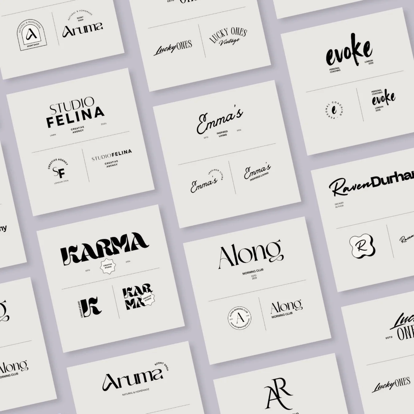 Collection of various business card designs with different fonts and logos on a light background.