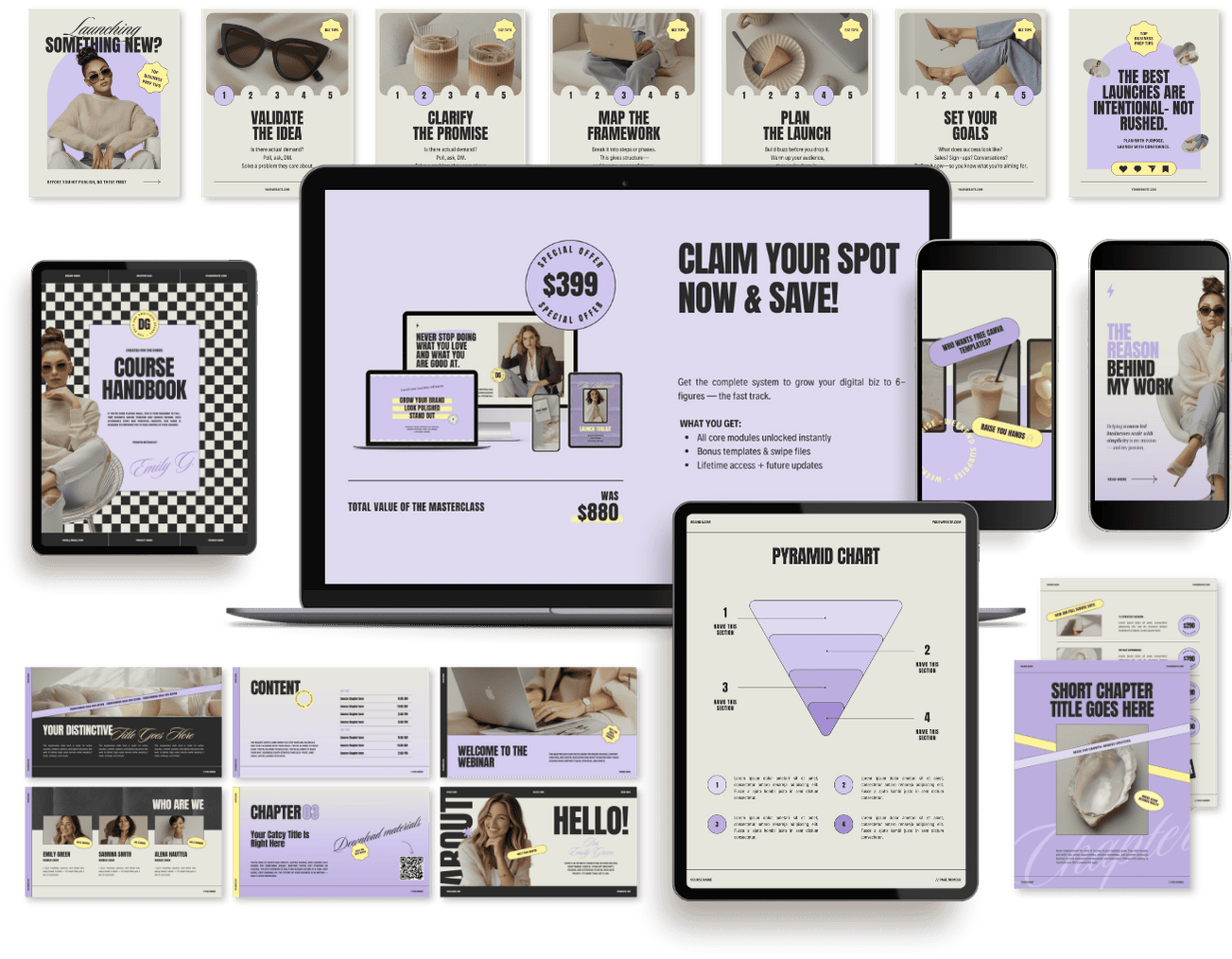 Collection of digital marketing and branding presentation slides displayed on various devices, including laptops, tablets, and smartphones. The slides feature promotional offers, infographics, chapter titles, and content outlines for a course or webinar on digital branding and business growth.