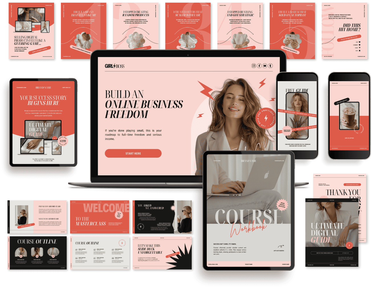 Multiple digital marketing and business course materials displayed across various devices, featuring a woman smiling, course outlines, and promotional content in pink and coral tones.