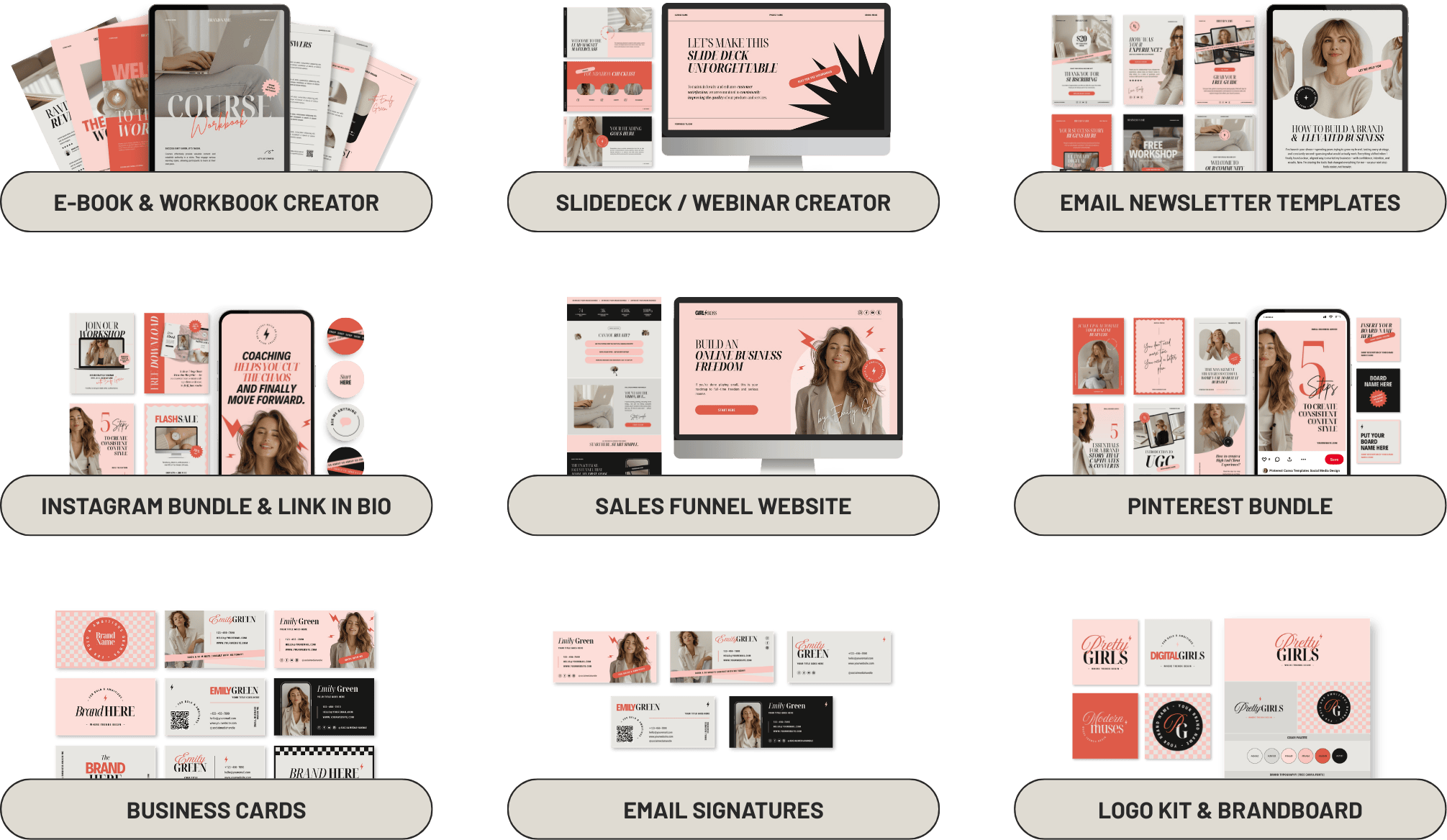 Sample branding and marketing graphic showcasing various digital assets including e-book and workbook templates, slideshow and webinar designs, email newsletter templates, Instagram bundle with link in bio, sales funnel website, Pinterest bundle, business cards, email signatures, and logo kit with brand board.