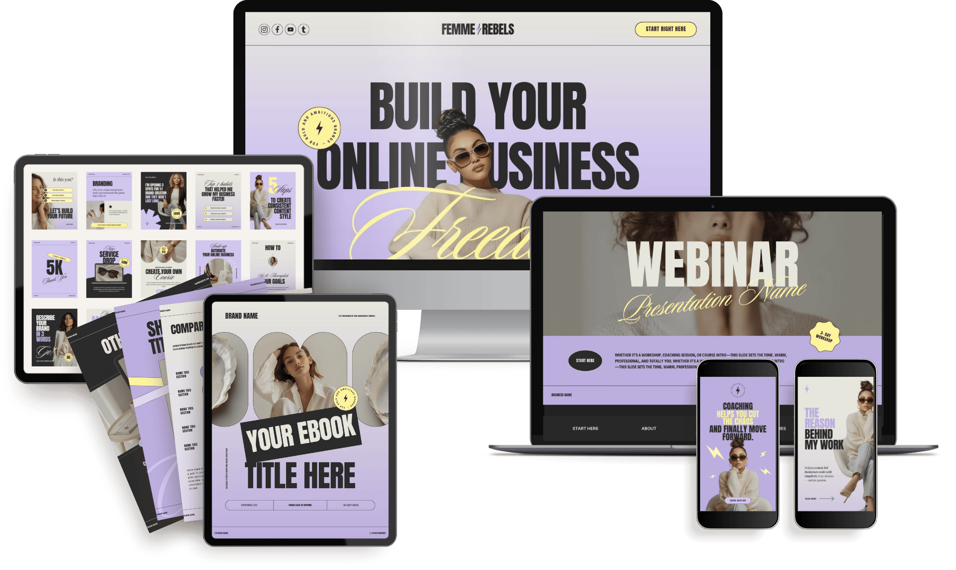 Multiple electronic devices displaying digital marketing or business presentation templates, including a laptop, tablets, and smartphones, with themes like building an online business, webinars, ebooks, and coaching, all featuring purple, black, yellow, and white color schemes.