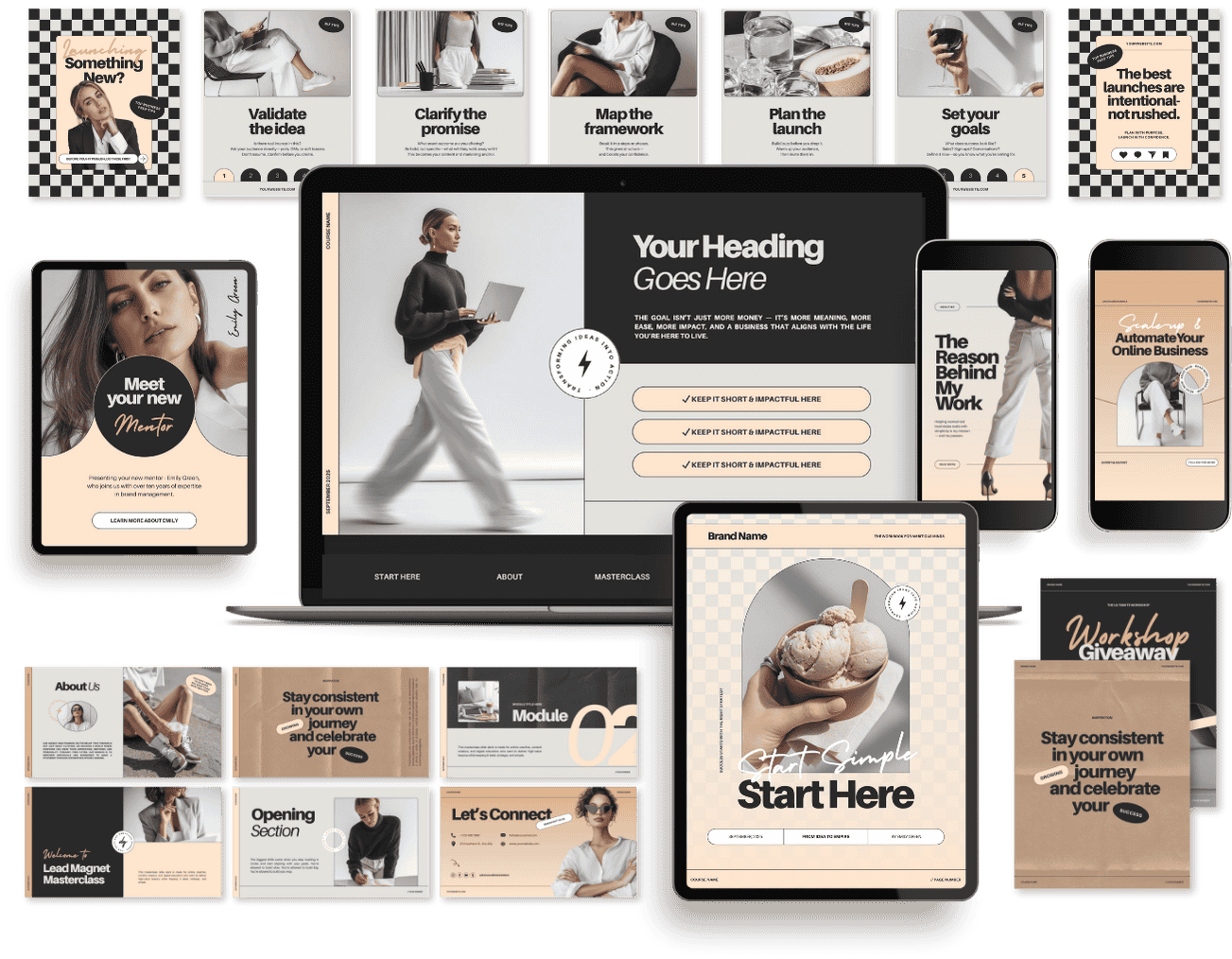 A collection of digital devices and presentation slides promoting business strategies, branding, and online marketing. The central large screen features a woman holding a laptop with placeholder text for a presentation. Surrounding slides include top