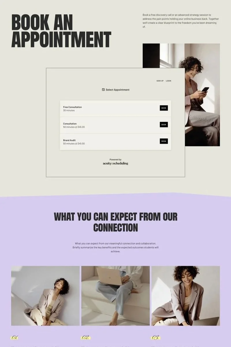 A webpage promoting appointment booking services with options for free consultation, consultation, and brand audit, featuring a woman sitting by a window using her phone, and three images of smiling women working or relaxing with laptops.