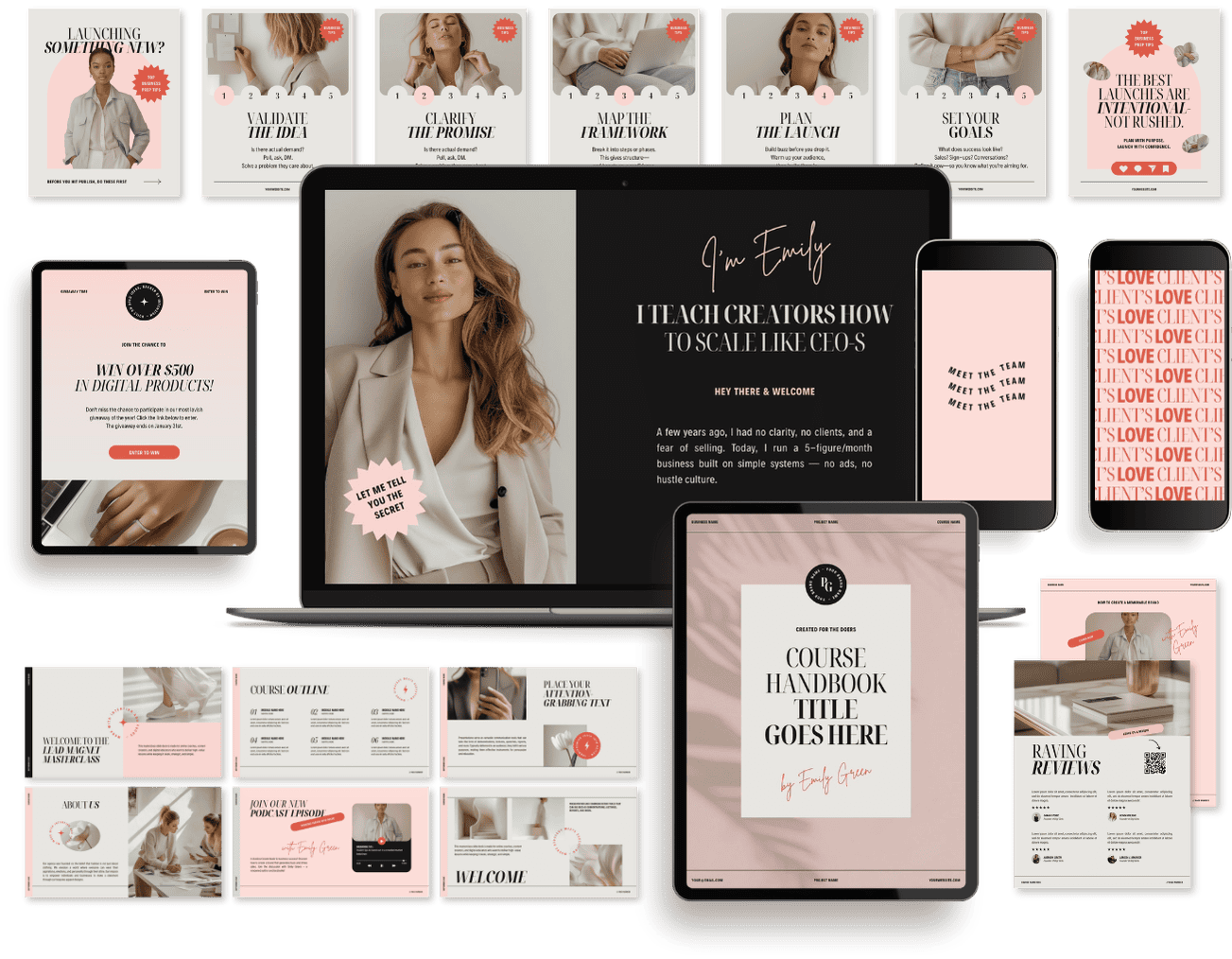 A collection of digital marketing and branding templates featuring a woman with long wavy hair, various slides with text such as 'I'm Emily', 'I teach creators how to scale like CEOs', course outlines, reviews, and promotional content, in a pink, bla